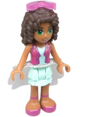 LEGO Friends Andrea, Light Aqua Layered Skirt, Magenta Vest Top, White Sequined Cloth Skirt, Sunglasses minifigure