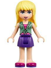 LEGO Friends Stephanie, Dark Purple Skirt, Sand Green Knotted Blouse Top over Magenta and Pink Striped Shirt minifigure