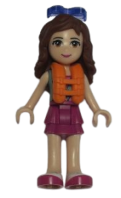 LEGO Friends Olivia, Magenta Layered Skirt, Sand Green Knotted Blouse Top over Magenta and Pink Striped Shirt, Life Jacket, Sunglasses minifigure