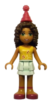 LEGO Friends Andrea, Light Aqua Layered Skirt, Bright Light Orange Top with Music Notes, Magenta Party Hat minifigure