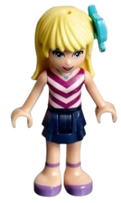LEGO Friends Stephanie, Dark Blue Layered Skirt, Magenta and White V-Striped Top, Medium Azure Bow minifigure