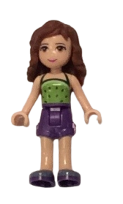 LEGO Friends Olivia, Dark Purple Shorts, Lime Halter Top with Dark Green Spots Pattern minifigure