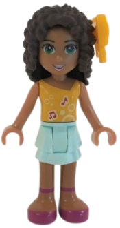 LEGO Friends Andrea, Light Aqua Layered Skirt, Bright Light Orange Top with Music Notes, Bow minifigure
