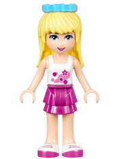 LEGO Friends Stephanie, Magenta Layered Skirt, White Top with Stars, Medium Azure Bow minifigure