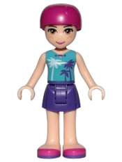 LEGO Friends Mia, Dark Purple Skirt, Medium Azure Top with Palm Trees, Helmet minifigure