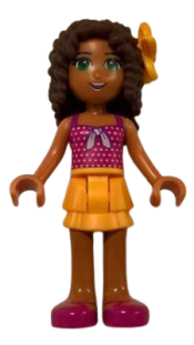 LEGO Friends Andrea, Bright Light Orange Layered Skirt, Magenta Top with White Polka Dots and Bow, Bright Light Orange Flower minifigure