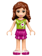 LEGO Friends Olivia, Magenta Layered Skirt, Lime Top with Heart Electron Orbitals Pattern minifigure