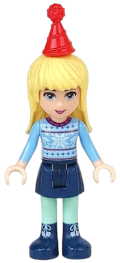 LEGO Friends Stephanie - Dark Blue Skirt, Bright Light Blue Fair Isle Sweater with Snowflakes Pattern, Red Christmas Hat minifigure