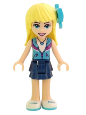 LEGO Friends Stephanie, Dark Blue Layered Skirt, Medium Azure and Dark Purple Vest, Medium Azure Bow minifigure