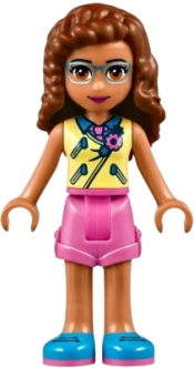 LEGO Friends Olivia, Bright Light Yellow Vest over Dark Azure Shirt and Dark Pink Tie, Dark Pink Shorts minifigure