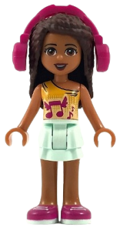 LEGO Friends Andrea, Light Aqua Layered Skirt, Bright Light Orange Top with Winged Music Notes, Headphones minifigure