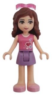 LEGO Friends Olivia, Medium Lavender Skirt, Dark Pink Top with Hearts and White Undershirt, Lab Safety Glasses minifigure