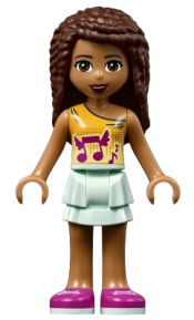 LEGO Friends Andrea, Light Aqua Layered Skirt, Bright Light Orange Top with Winged Music Notes minifigure