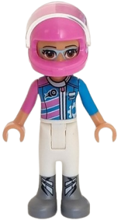 LEGO Friends Olivia, White Trousers, Dark Pink and Dark Azure Racing Jacket, Dark Pink Racing Helmet with Reddish Brown Ponytail minifigure