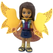 LEGO Friends Andrea, Metallic Light Blue Vest over Magenta Top, Dark Blue Skirt, Garish Butterfly Cape and Magenta Skirt, Gold Boots with Dark Blue Trim minifigure