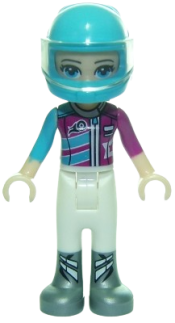 LEGO Friends Stephanie, White Trousers, Medium Azure and Magenta Racing Jacket, Helmet minifigure