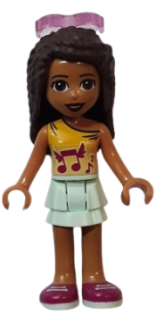 LEGO Friends Andrea, Light Aqua Layered Skirt, Bright Light Orange Top with Winged Music Notes, Sunglasses minifigure