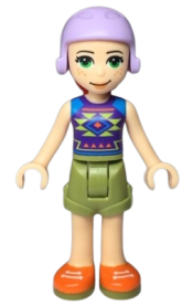 LEGO Friends Mia, Olive Green Shorts, Dark Purple Top with Diamonds and Triangles, Lavender Ski Helmet with Red Hair minifigure