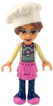 LEGO Friends Olivia, Dark Pink Skirt and Dark Blue Leggings, Sand Green Sweater with Bright Yellow Jacket, White Chef Toque with Hair minifigure