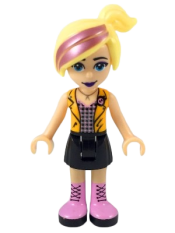 LEGO Friends Chloe, Black Skirt, Silver Top with Black and Bright Pink Squares, Bright Light Orange Vest minifigure