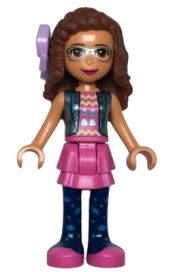 LEGO Friends Olivia, Dark Pink Skirt and Dark Blue Leggings, Dark Pink Top, Blue Jacket, Bow minifigure