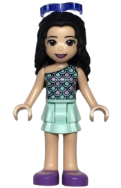 LEGO Friends Emma, Light Aqua Layered Skirt, Light Aqua and Bright Pink Scallop Top, Sunglasses minifigure