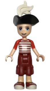 LEGO Friends Zack, Dark Red Cropped Trousers Large Pockets, Red and White Striped Shirt, Pirate Tricorne Hat, White Plume minifigure