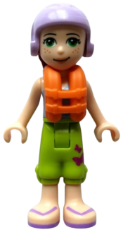 LEGO Friends Mia, Lime Cropped Trousers,  Medium Blue Top with 3 Butterflies, Lavender Ski Helmet with Dark Red Hair, Life Jacket minifigure