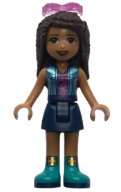 LEGO Friends Andrea, Dark Blue Skirt, Metallic Light Blue Vest over Magenta Top, Sunglasses minifigure