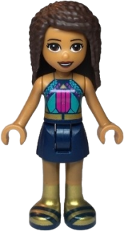 LEGO Friends Andrea, Dark Turquoise Halter Top with Magenta Stripes and Dots, Dark Blue Skirt, Gold Boots and Belt minifigure