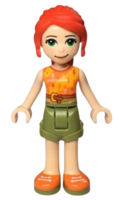 LEGO Friends Mia, Olive Green Shorts, Orange and Bright Light Orange Top with Lightning Bolts, Orange Shoes minifigure