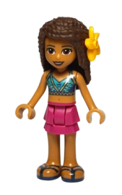 LEGO Friends Andrea, Magenta Layered Skirt, Dark Blue Halter Top with Gold Trim, Flower minifigure