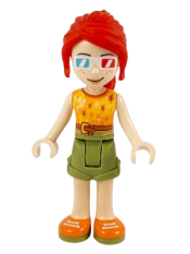 LEGO Friends Mia, Olive Green Shorts, Orange and Bright Light Orange Top with Lightning Bolts, Orange Shoes, 3D Glasses minifigure