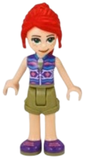 LEGO Friends Mia, Olive Green Shorts, Dark Azure and Dark Purple Patterned Sleeveless Jacket with Zipper minifigure