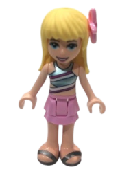 LEGO Friends Stephanie, Bright Pink Layered Skirt, Metallic Light Blue Swimsuit Top, Pearl Dark Gray Sandals, Flower minifigure