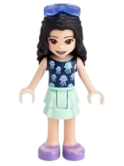 LEGO Friends Emma, Light Aqua Layered Skirt, Dark Blue Top with Jellyfish, Trans-Purple Sunglasses minifigure