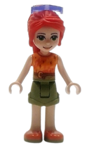 LEGO Friends Mia, Olive Green Shorts, Orange and Bright Light Orange Top with Lightning Bolts, Orange Shoes, Sunglasses minifigure