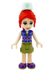 LEGO Friends Mia, Olive Green Shorts, Dark Azure and Dark Purple Patterned Sleeveless Jacket with Zipper, Nurse Hat minifigure