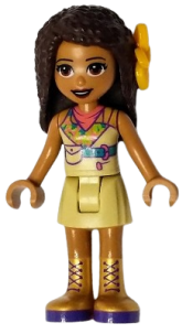 LEGO Friends Andrea, Tan Skirt, Coral, Lime and Medium Azure Top, Gold Boots, Flower minifigure