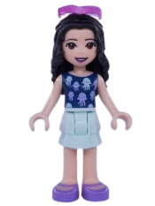 LEGO Friends Emma, Light Aqua Layered Skirt, Dark Blue Top with Jellyfish, Trans-Dark Pink Sunglasses minifigure