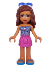 LEGO Friends Olivia, Dark Pink Skirt, Metallic Pink Top with Wavy Dark Azure Lines, Sunglasses minifigure