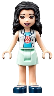 LEGO Friends Emma, White Top with Paw Print Undershirt, Light Aqua Skirt, Dark Blue Shoes with Straps, Dark Purple Bow minifigure