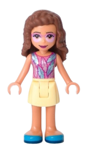 LEGO Friends Olivia, Bright Light Yellow Skirt, Dark Pink Top with Feathers, Bright Pink Tinted Glasses minifigure