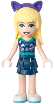 LEGO Friends Stephanie, Dark Blue Layered Skirt, Sleeveless Top with Cat Face, Dark Purple Cat Ears minifigure