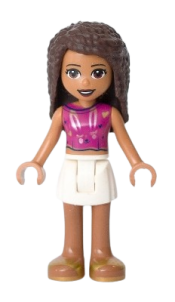 LEGO Friends Andrea, White Skirt, Magenta Sleeveless Shirt with Hearts and Rabbit Face minifigure