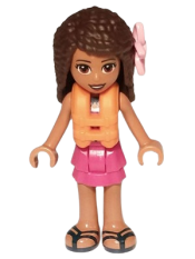 LEGO Friends Andrea, Dark Turquoise Halter Top, Magenta Skirt, Orange Life Jacket, Bright Pink Flower minifigure