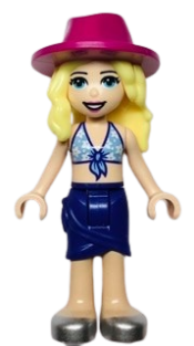 LEGO Friends Stephanie, Medium Blue Swimsuit Top, Dark Purple Skirt, Silver Shoes, Magenta Hat minifigure