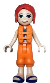 LEGO Friends Mia, Lime Jacket Vest with Pockets, Orange Trousers Cropped, Dark Purple Sandals, Orange Life Jacket minifigure