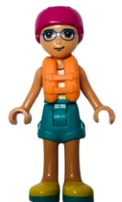 LEGO Friends Sebastian, White Tank Top, Dark Turquoise Shorts, Yellow Shoes, Magenta Helmet, Orange Life Jacket minifigure