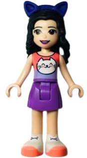 LEGO Friends Emma, Coral and Lavender Top with Cat Head, Medium Lavender Skirt, White Shoes, Dark Purple Cat Ears minifigure